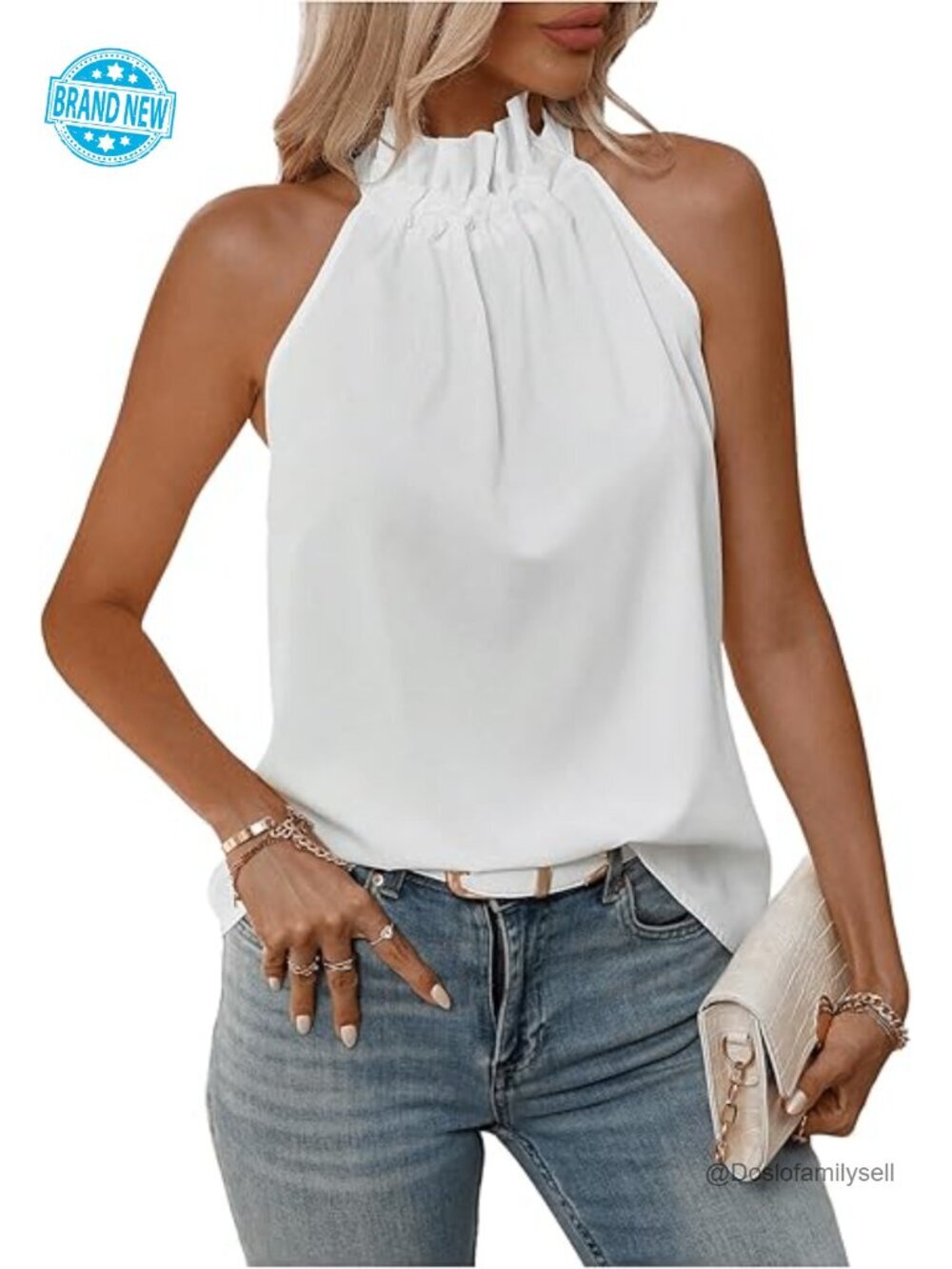 Halter Top Sleeveless Tie Back Frill Blouse Summer Party Top